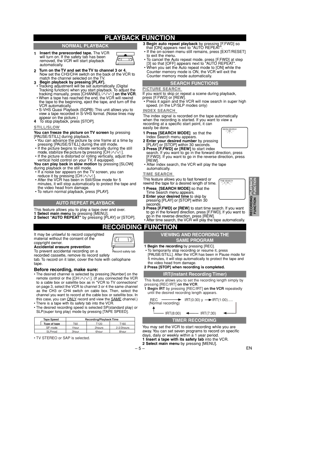 Hitachi VTFX695A owner manual Playback Function, Recording Function 