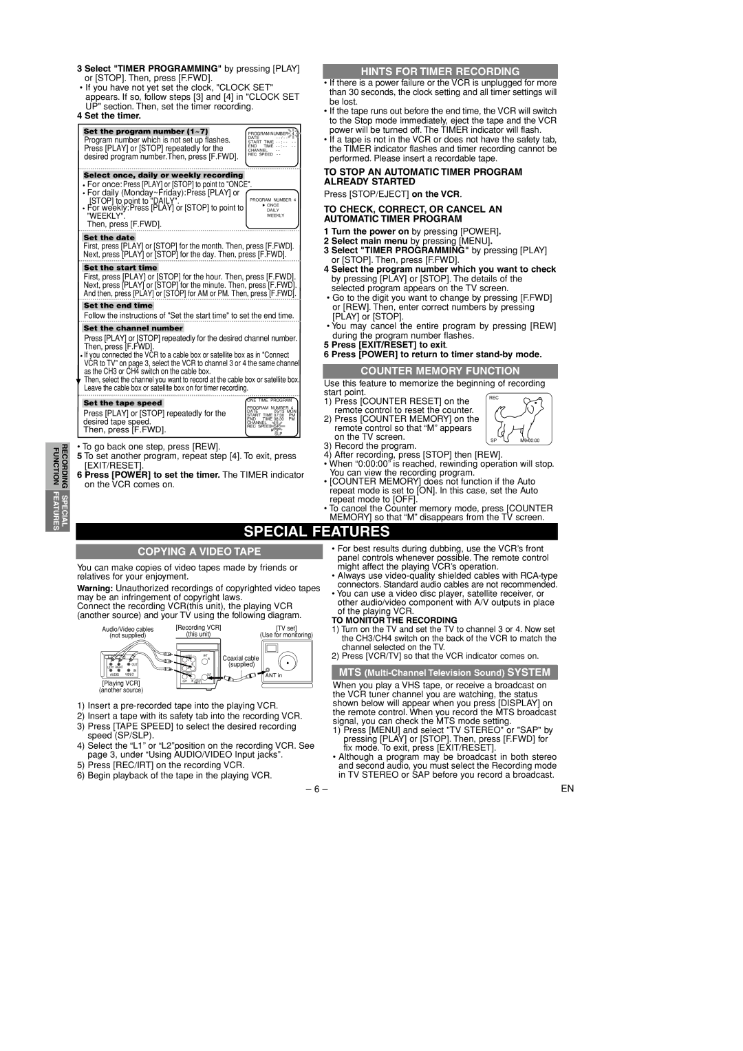 Hitachi VTFX695A owner manual Special Features, Hints for Timer Recording, Counter Memory Function, Copying a Video Tape 