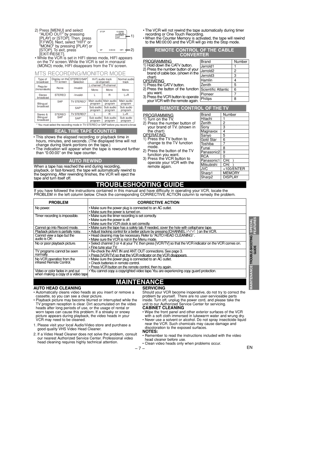 Hitachi VTFX695A owner manual Troubleshooting Guide, Maintenance 