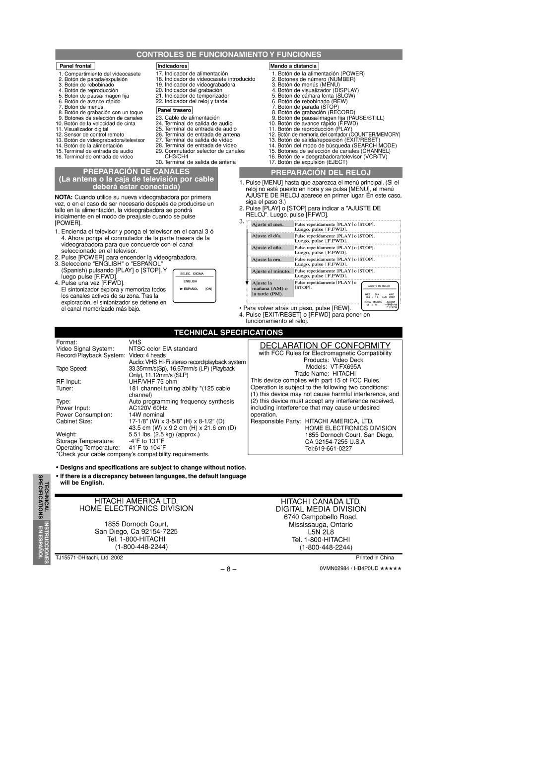 Hitachi VTFX695A owner manual Controles DE Funcionamiento Y Funciones, Preparación DE Canales, Preparación DEL Reloj 