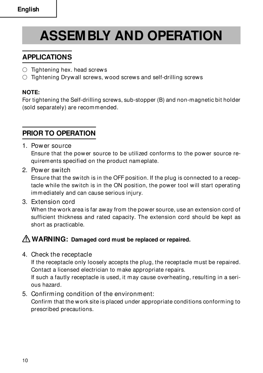 Hitachi W 8VB, W 6VB2 instruction manual Assembly and Operation, Applications, Prior to Operation 