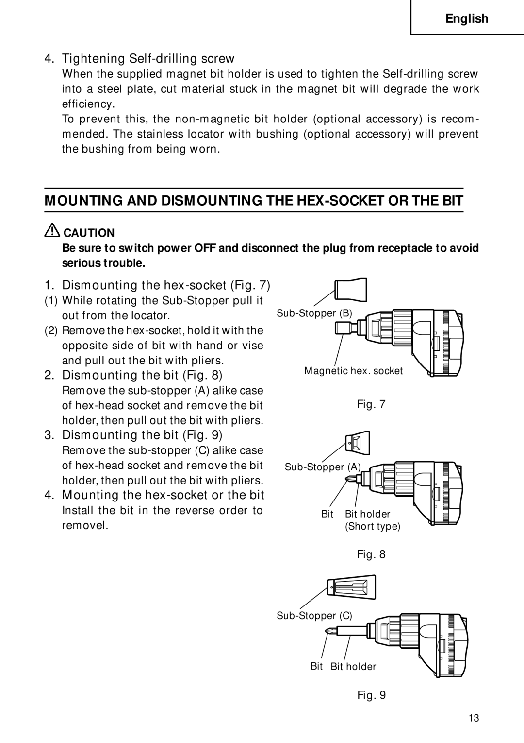 Hitachi W 6VB2 Mounting and Dismounting the HEX-SOCKET or the BIT, Tightening Self-drilling screw, Dismounting the bit Fig 