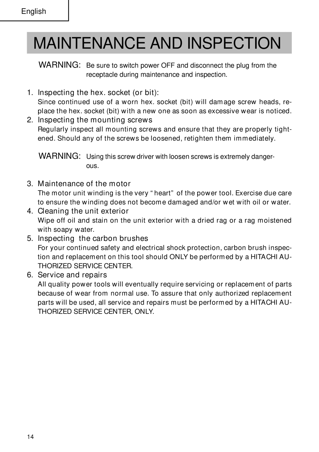 Hitachi W 8VB, W 6VB2 instruction manual Maintenance and Inspection 