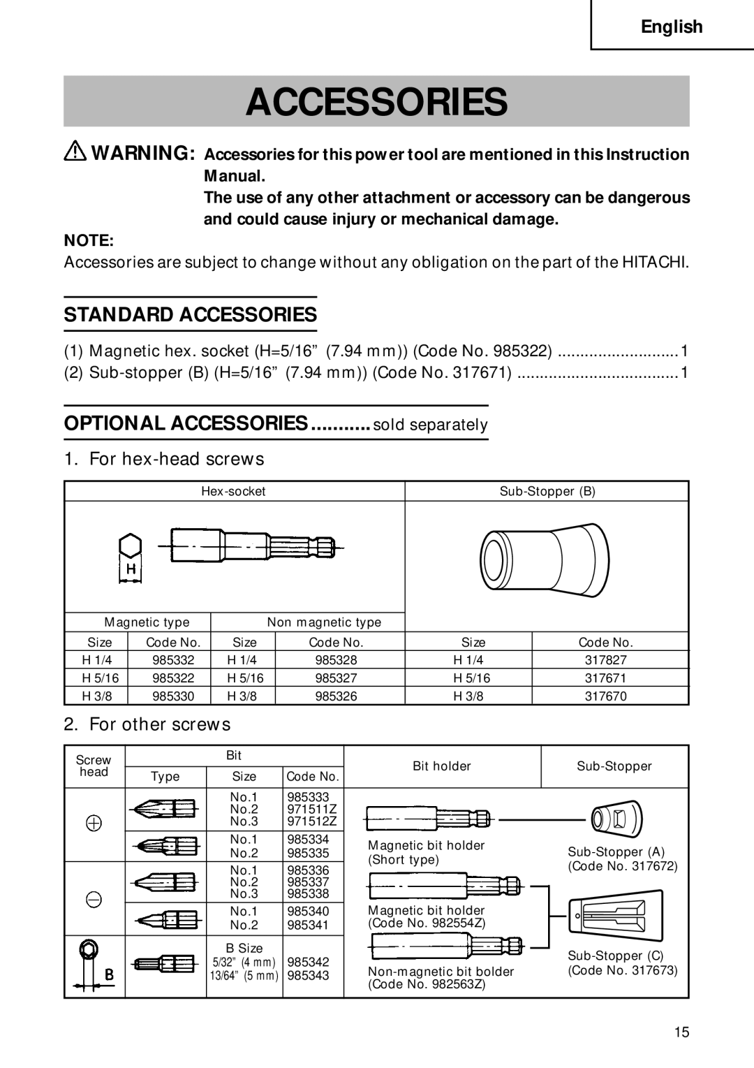 Hitachi W 6VB2, W 8VB instruction manual Standard Accessories, For hex-head screws, For other screws 