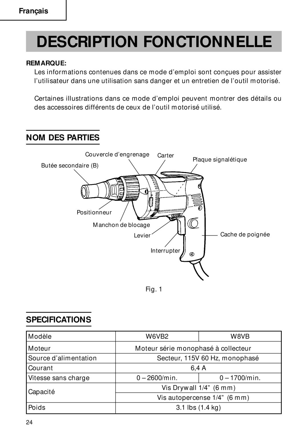 Hitachi W 8VB, W 6VB2 instruction manual Description Fonctionnelle, NOM DES Parties 