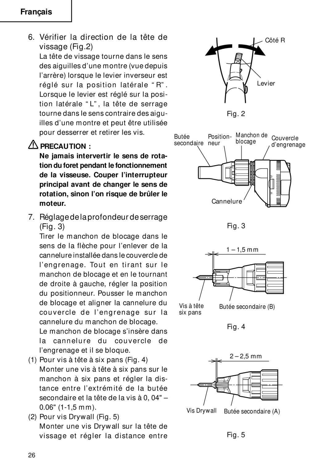 Hitachi W 8VB, W 6VB2 Vérifier la direction de la tête de vissage, Réglage de la profondeur de serrage Fig 