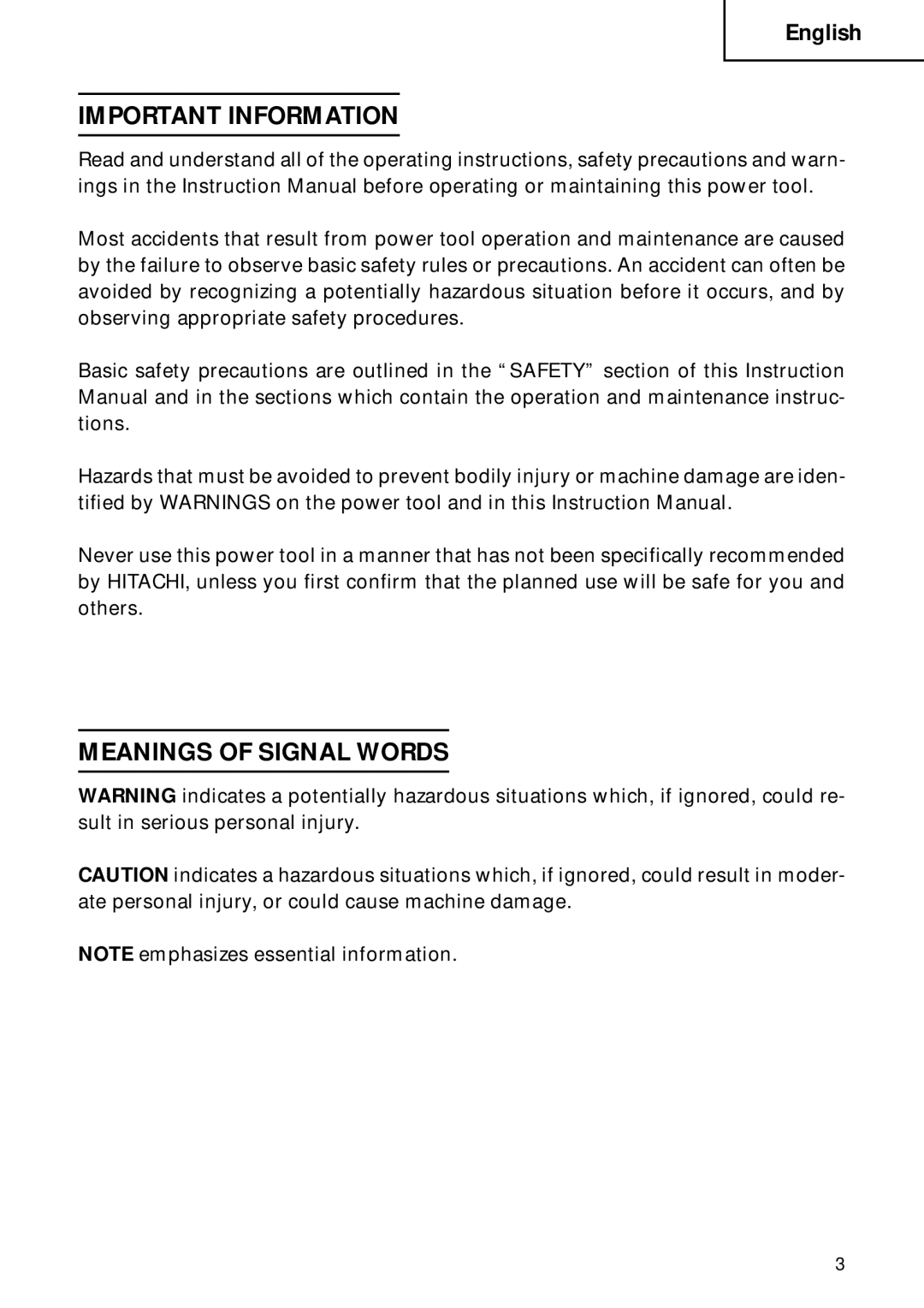 Hitachi W 6VB2, W 8VB instruction manual Important Information, Meanings of Signal Words 