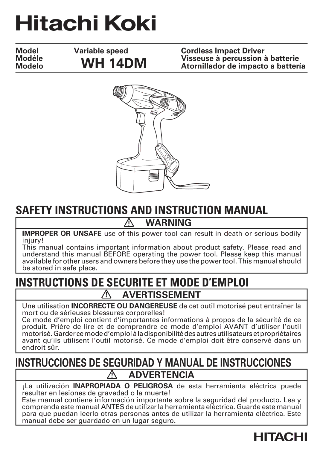 Hitachi WH14DM OM instruction manual Avertissement, Advertencia 