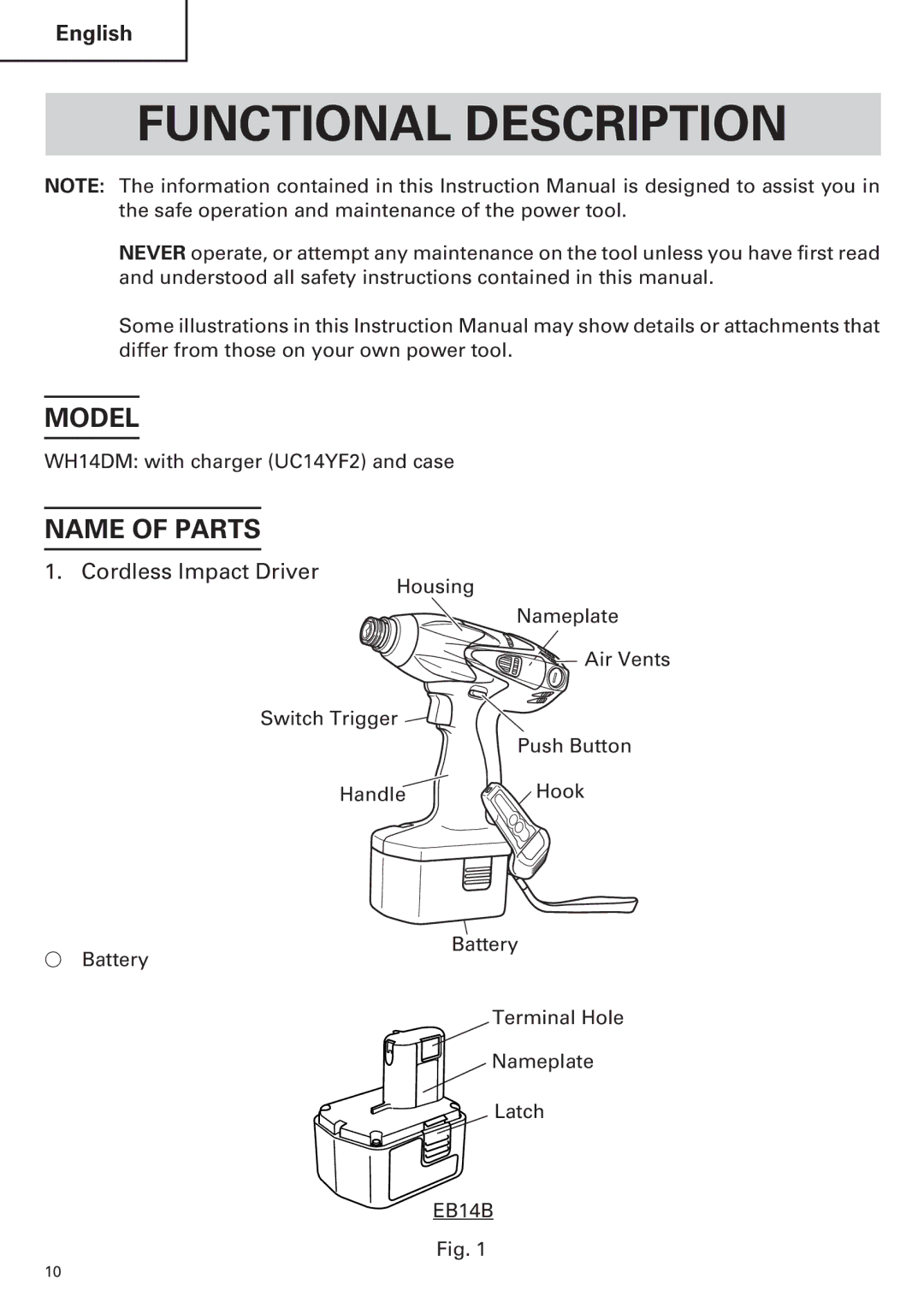 Hitachi WH14DM OM instruction manual Functional Description, Model, Name of Parts, Cordless Impact Driver 