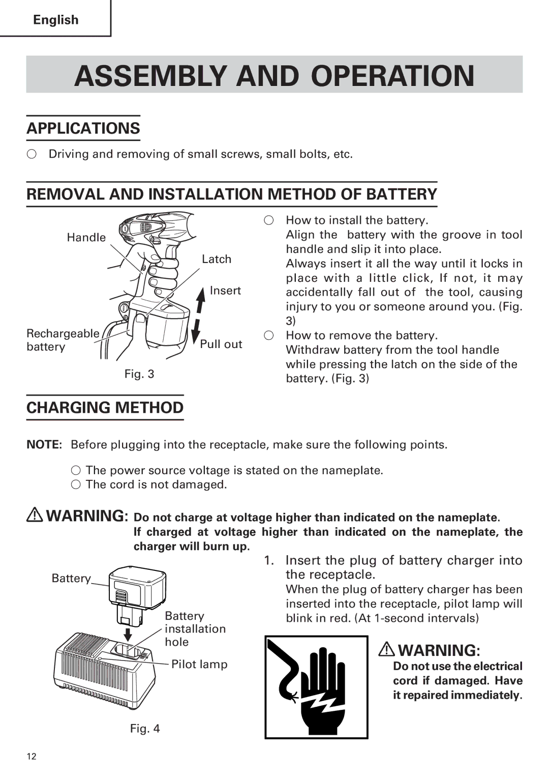 Hitachi WH14DM OM Assembly and Operation, Applications, Removal and Installation Method of Battery, Charging Method 