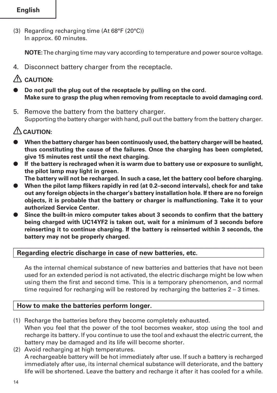 Hitachi WH14DM OM Disconnect battery charger from the receptacle, Remove the battery from the battery charger 