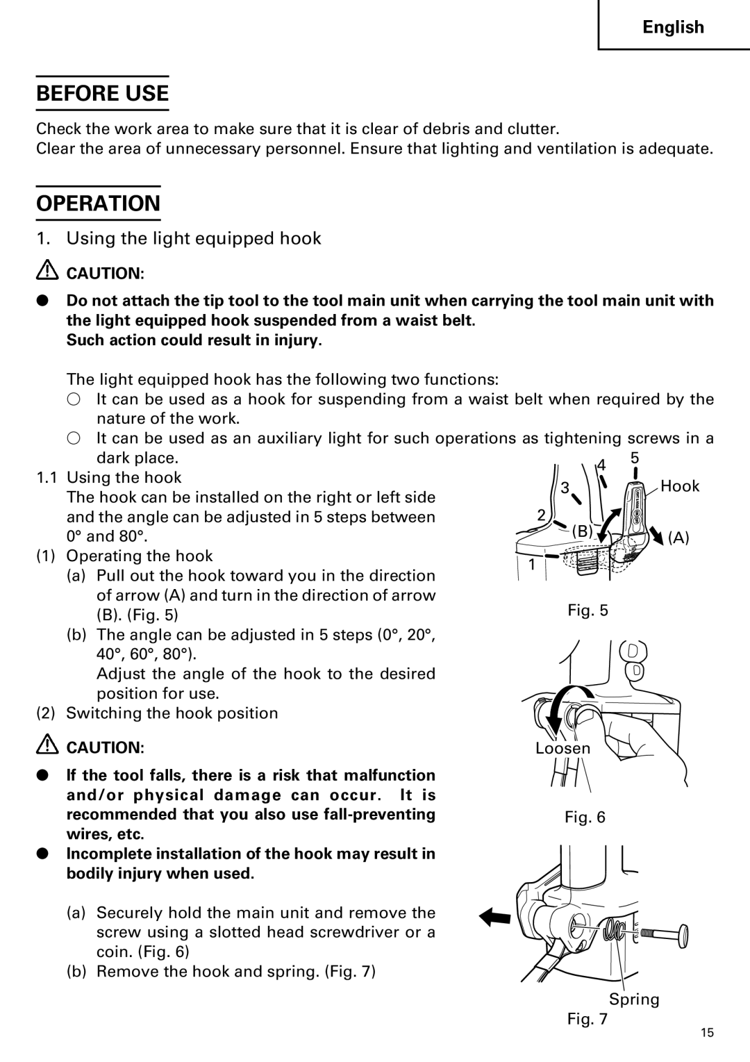 Hitachi WH14DM OM instruction manual Before USE, Operation, Using the light equipped hook 