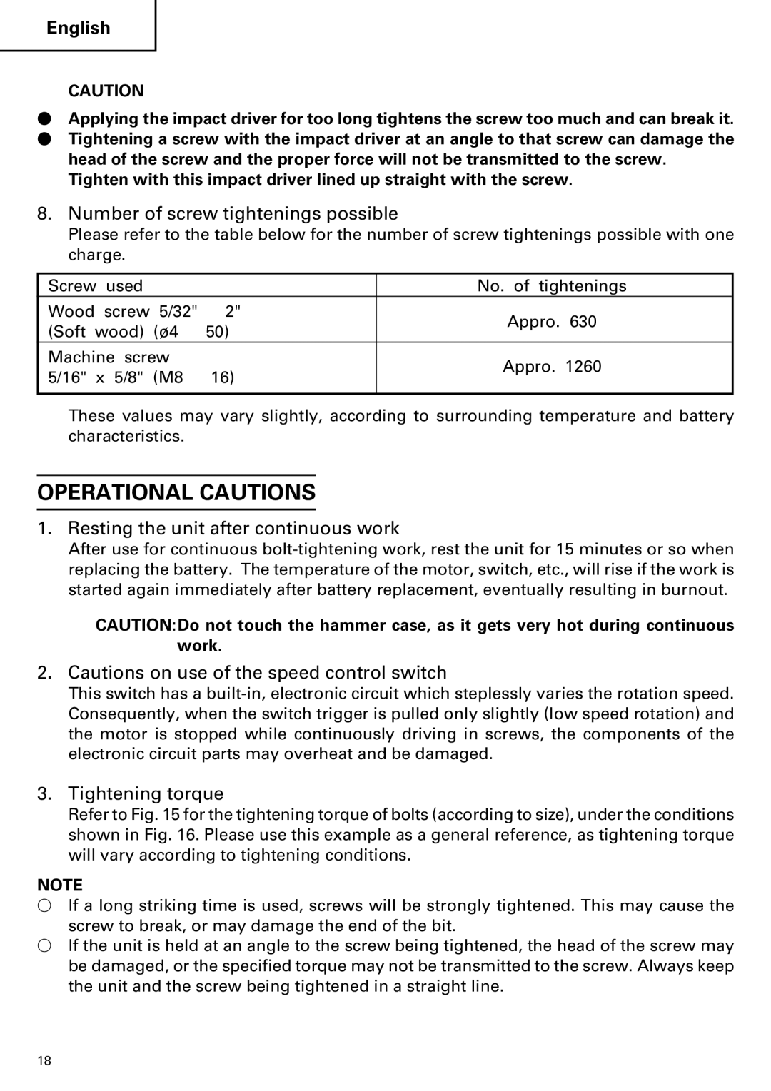 Hitachi WH14DM OM Operational Cautions, Number of screw tightenings possible, Resting the unit after continuous work 