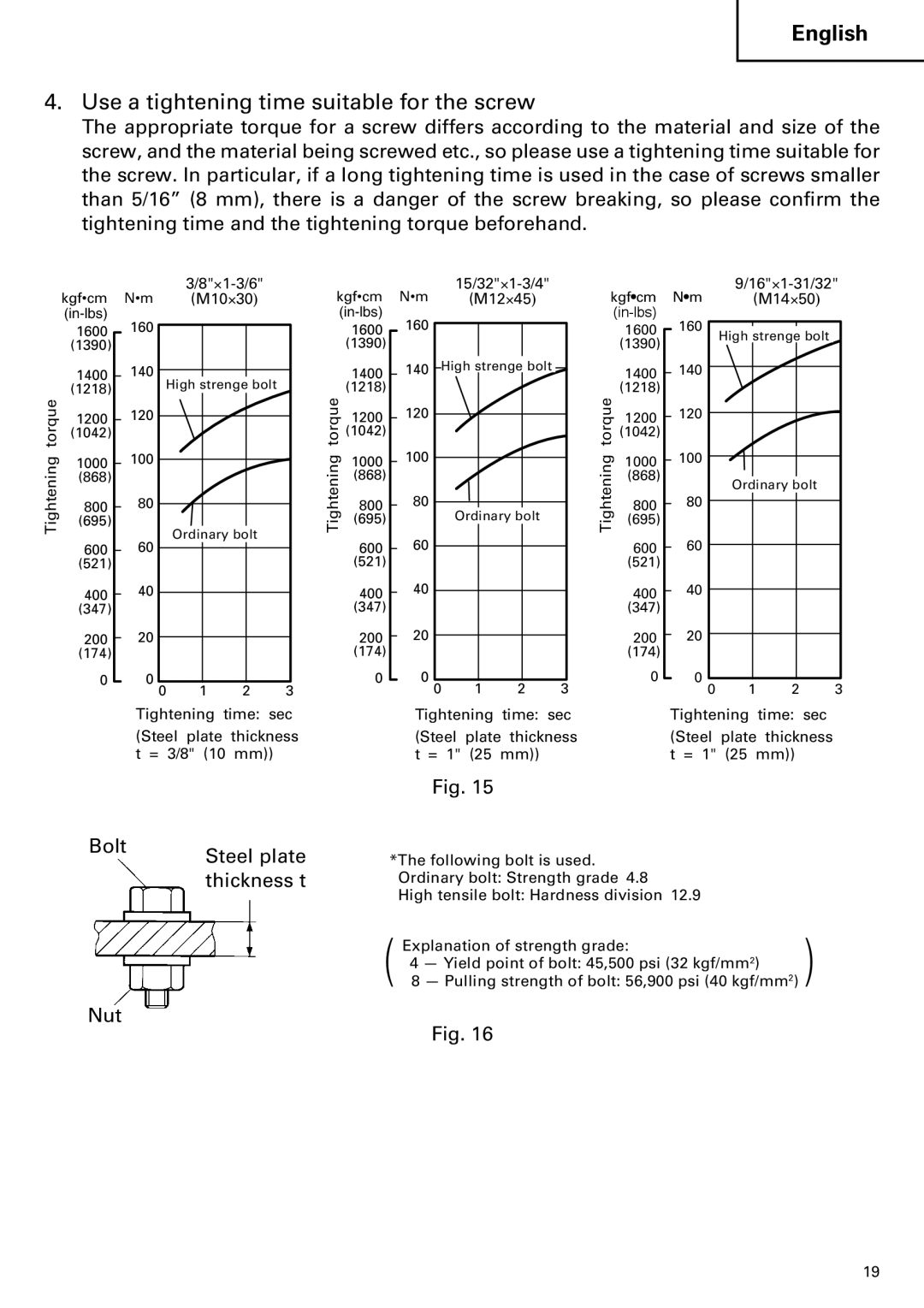 Hitachi WH14DM OM instruction manual Use a tightening time suitable for the screw, Bolt Steel plate Thickness t Nut 