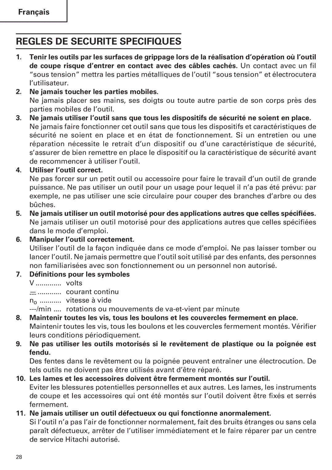 Hitachi WH14DM OM instruction manual Regles DE Securite Specifiques 