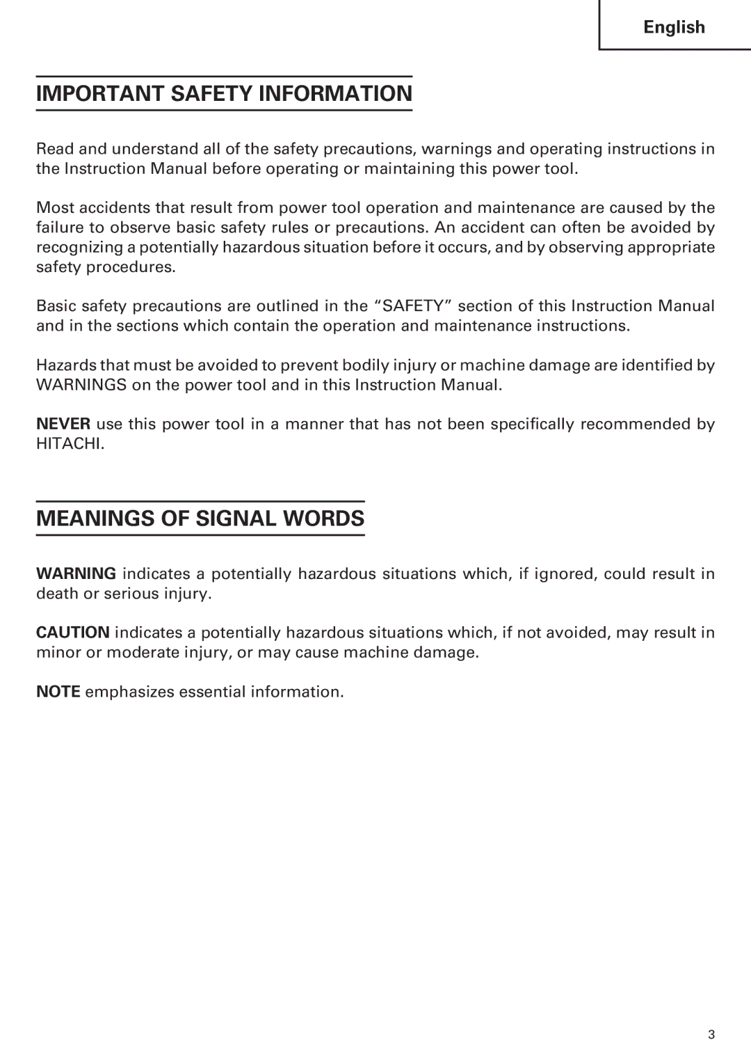 Hitachi WH14DM OM instruction manual Important Safety Information, Meanings of Signal Words 