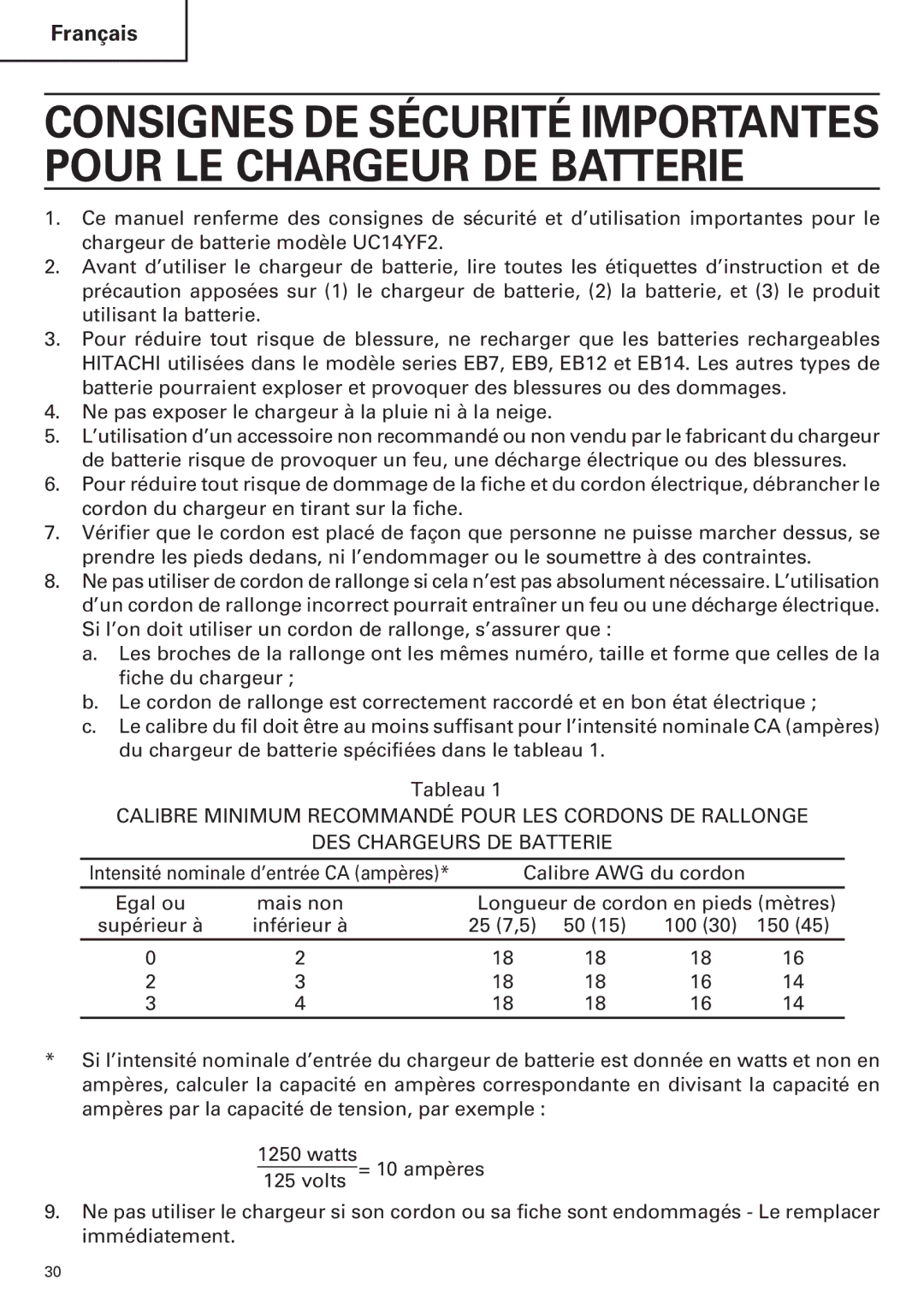 Hitachi WH14DM OM instruction manual Intensité nominale d’entrée CA ampères 