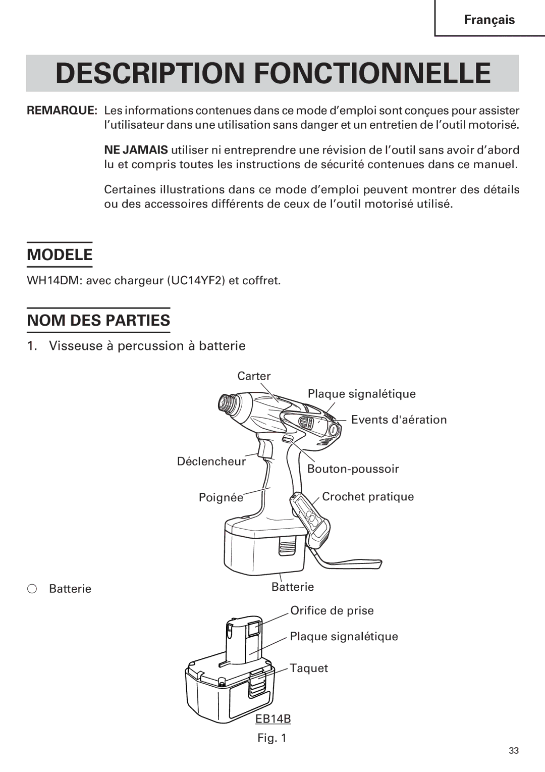 Hitachi WH14DM OM instruction manual Description Fonctionnelle, Modele, NOM DES Parties, Visseuse à percussion à batterie 