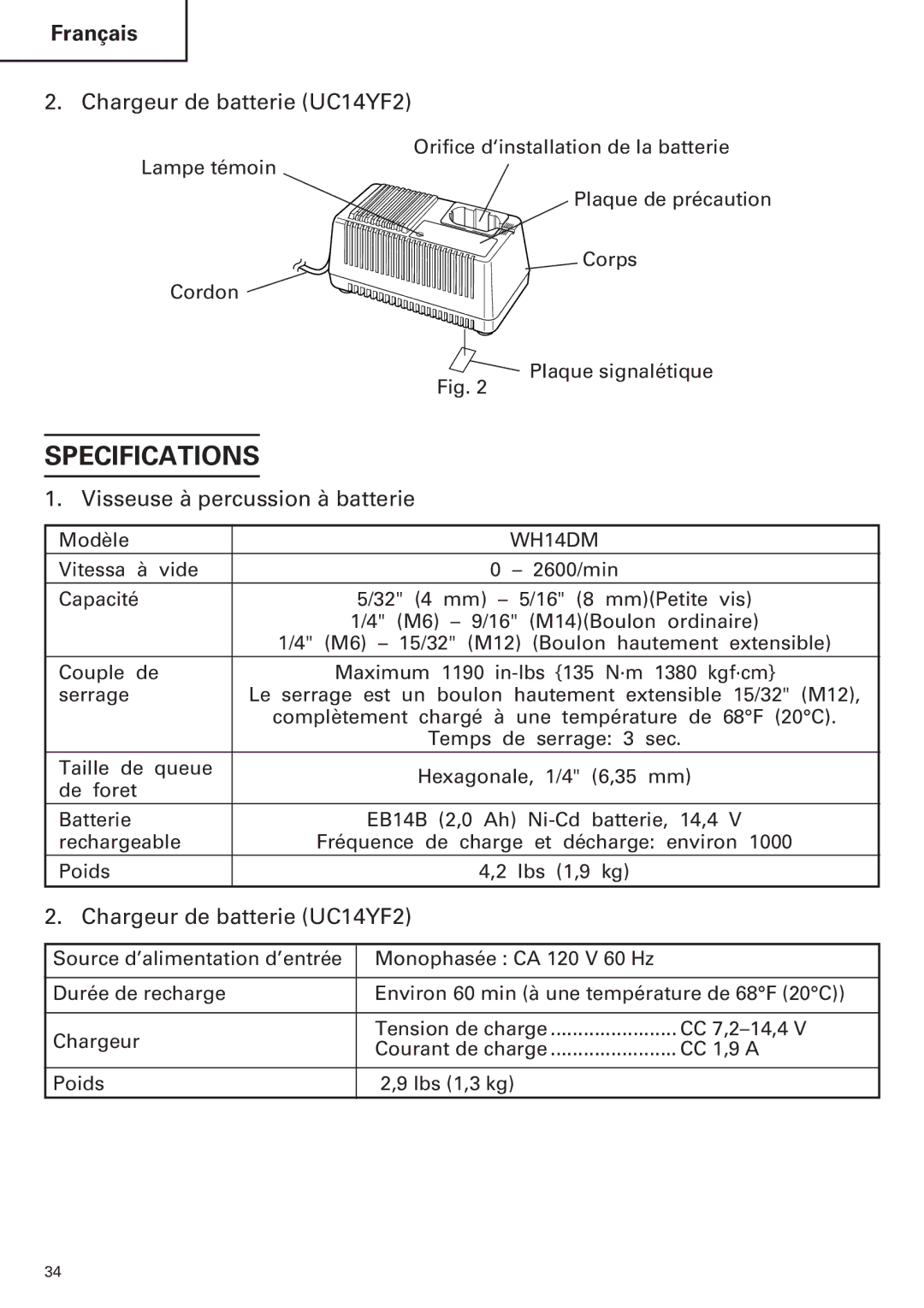 Hitachi WH14DM OM instruction manual Specifications, Chargeur de batterie UC14YF2 