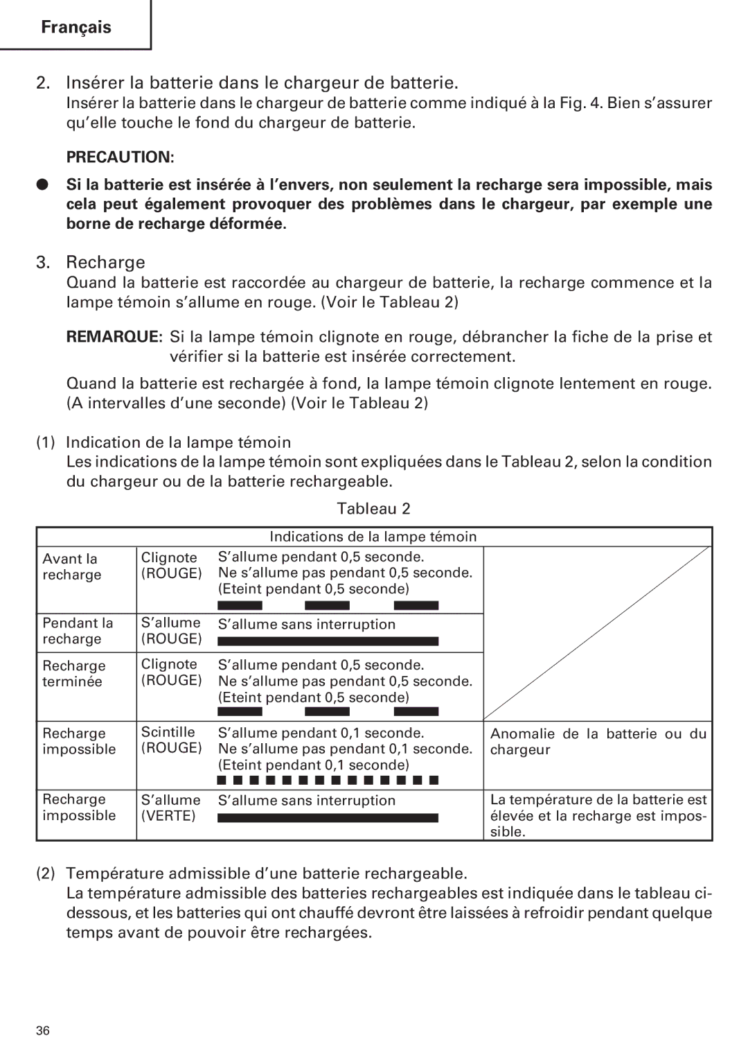 Hitachi WH14DM OM instruction manual Insérer la batterie dans le chargeur de batterie, Recharge 