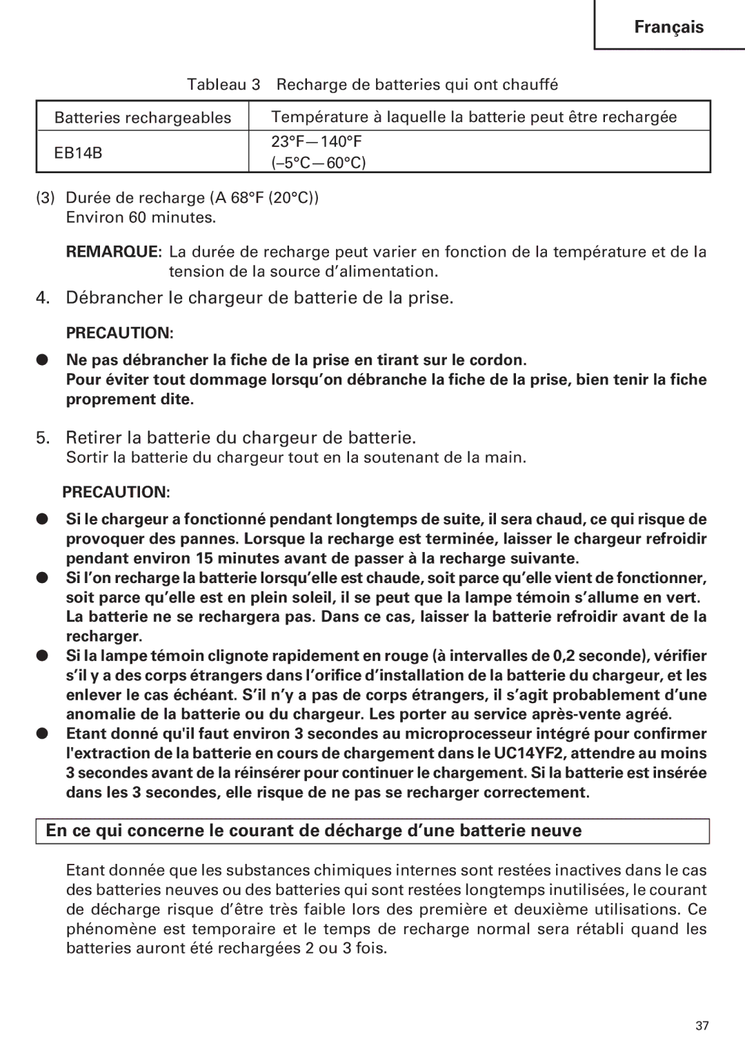 Hitachi WH14DM OM Débrancher le chargeur de batterie de la prise, Retirer la batterie du chargeur de batterie 