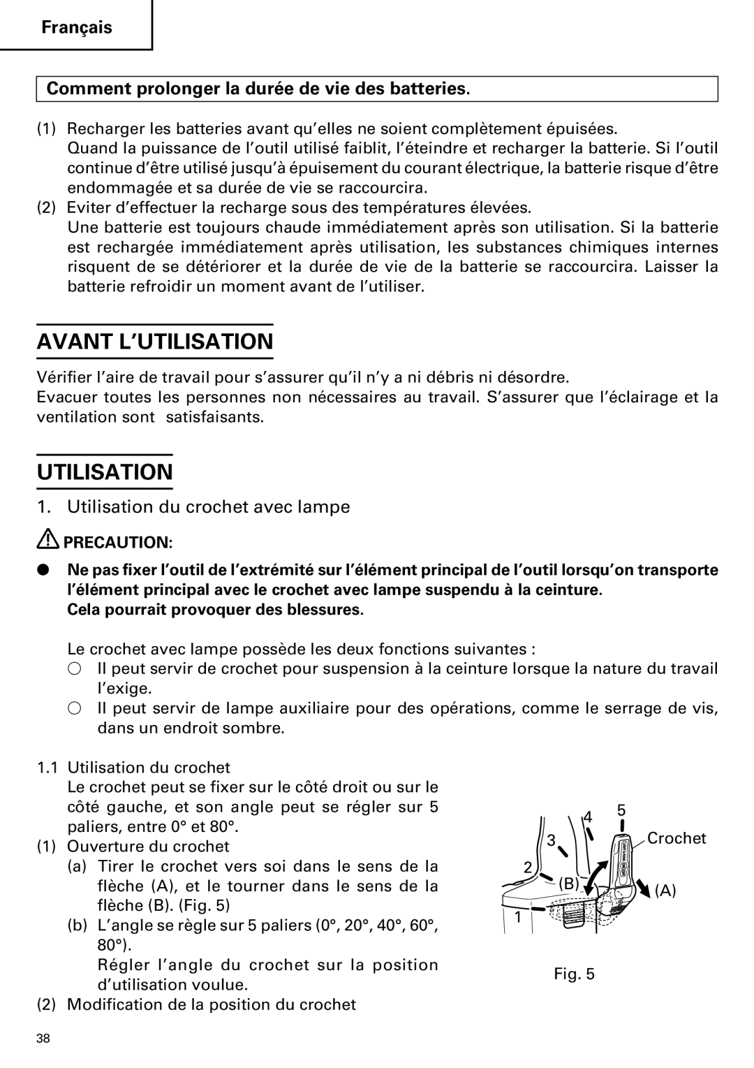 Hitachi WH14DM OM instruction manual Avant L’UTILISATION, Utilisation du crochet avec lampe 