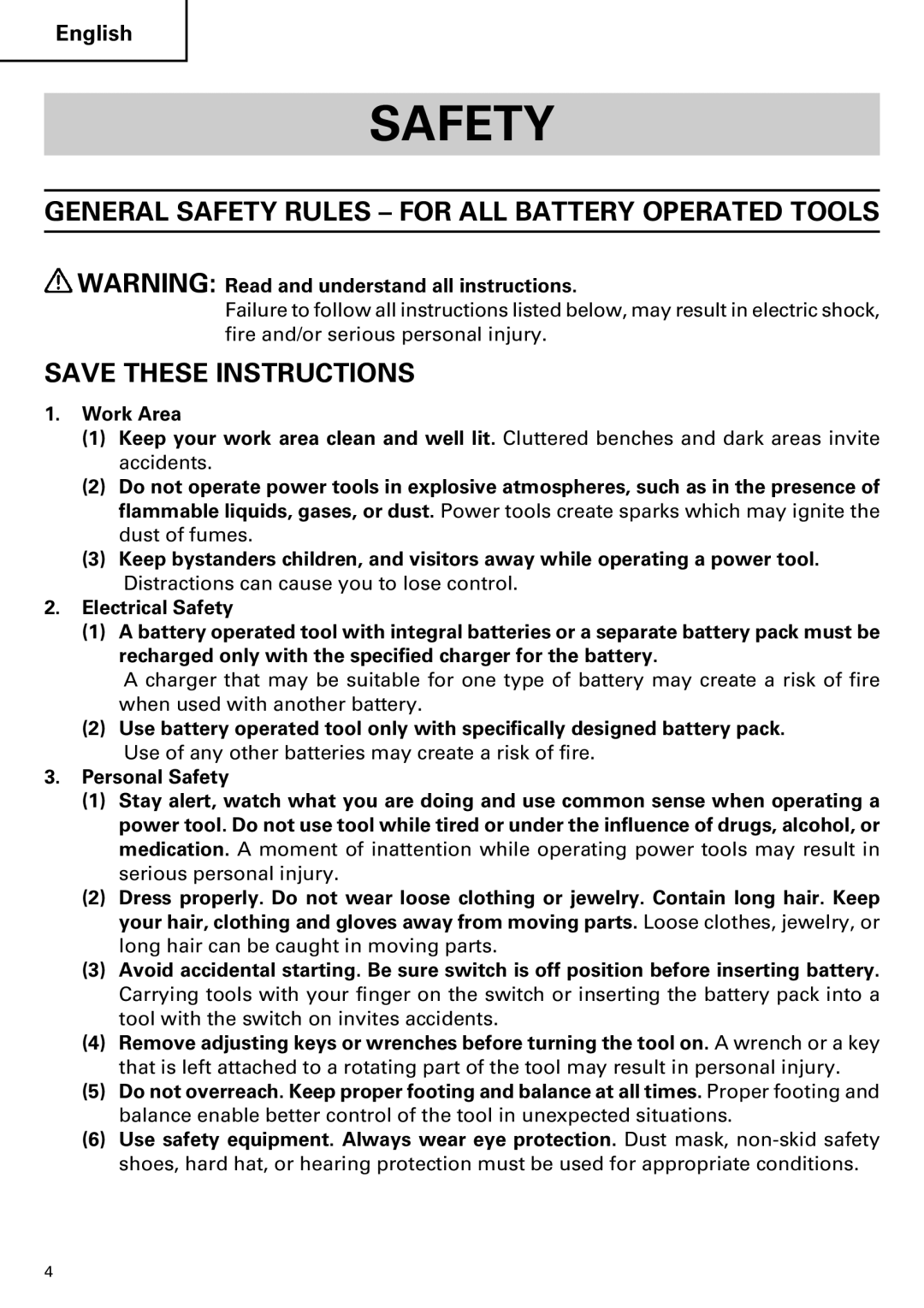 Hitachi WH14DM OM instruction manual General Safety Rules for ALL Battery Operated Tools 