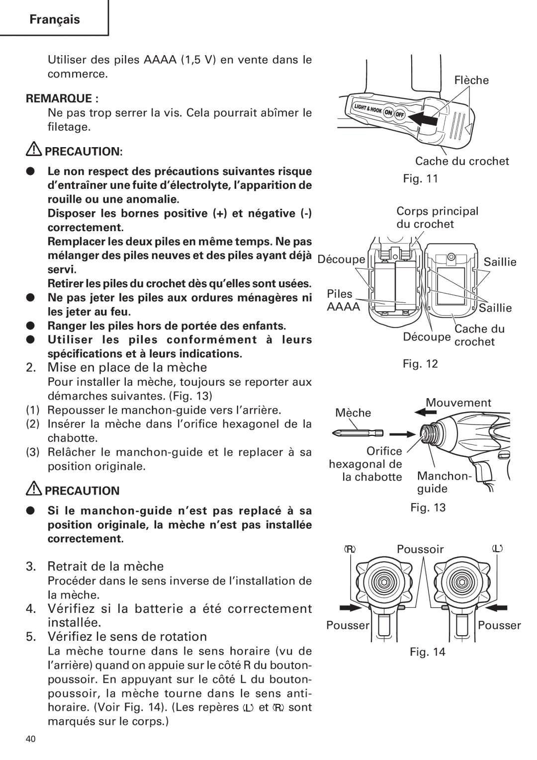 Hitachi WH14DM OM Mise en place de la mèche, Retrait de la mèche, Vérifiez si la batterie a été correctement Installée 