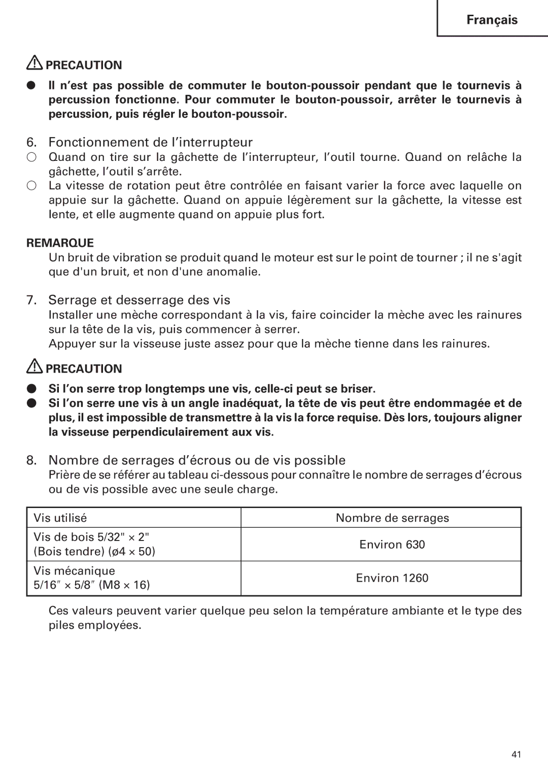 Hitachi WH14DM OM instruction manual Fonctionnement de l’interrupteur, Serrage et desserrage des vis 