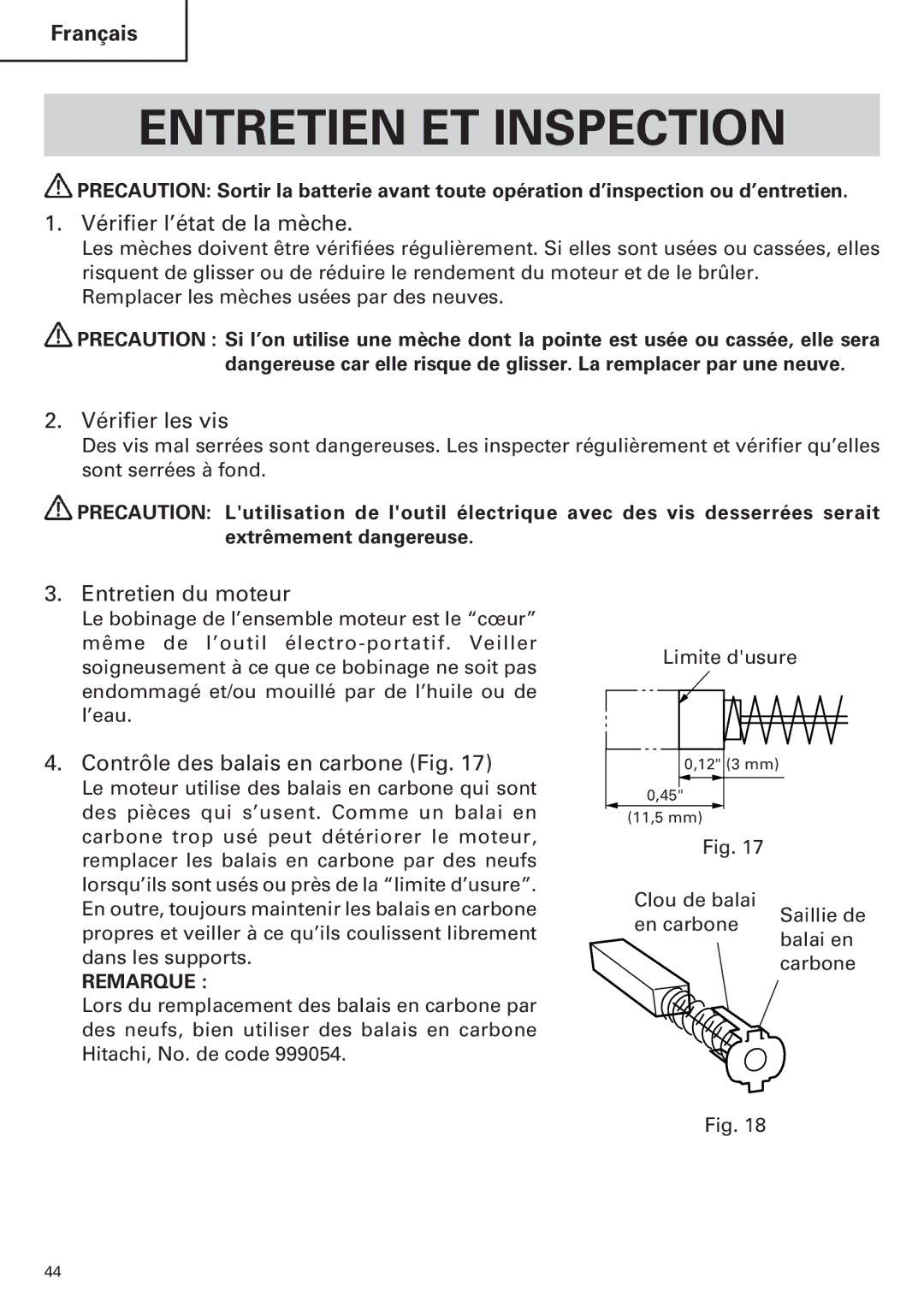 Hitachi WH14DM OM Entretien ET Inspection, Vérifier l’état de la mèche, Vérifier les vis, Entretien du moteur 