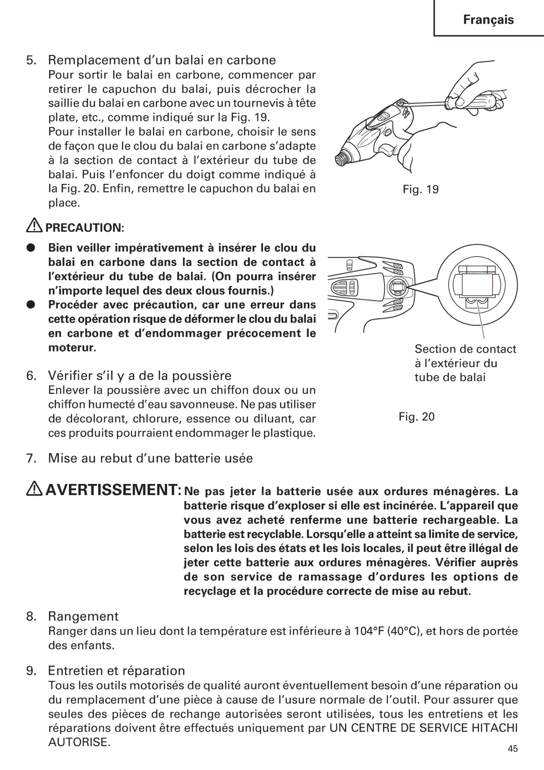 Hitachi WH14DM OM Remplacement d’un balai en carbone, Vérifier s’il y a de la poussière, Mise au rebut d’une batterie usée 