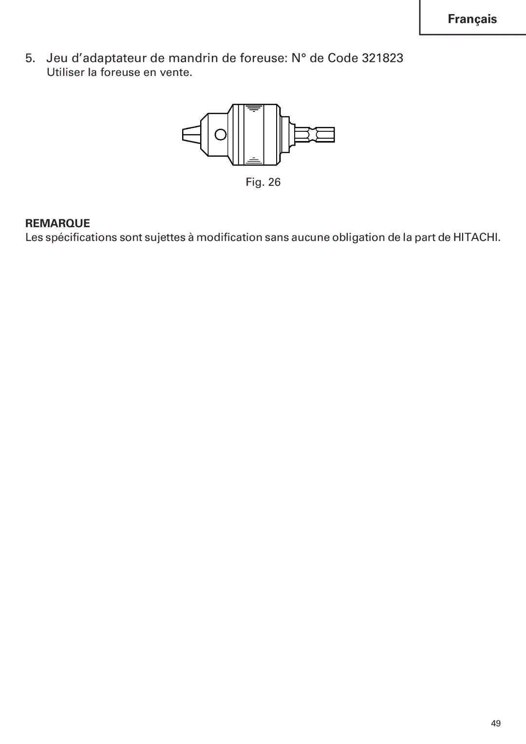 Hitachi WH14DM OM instruction manual Jeu d’adaptateur de mandrin de foreuse N de Code 