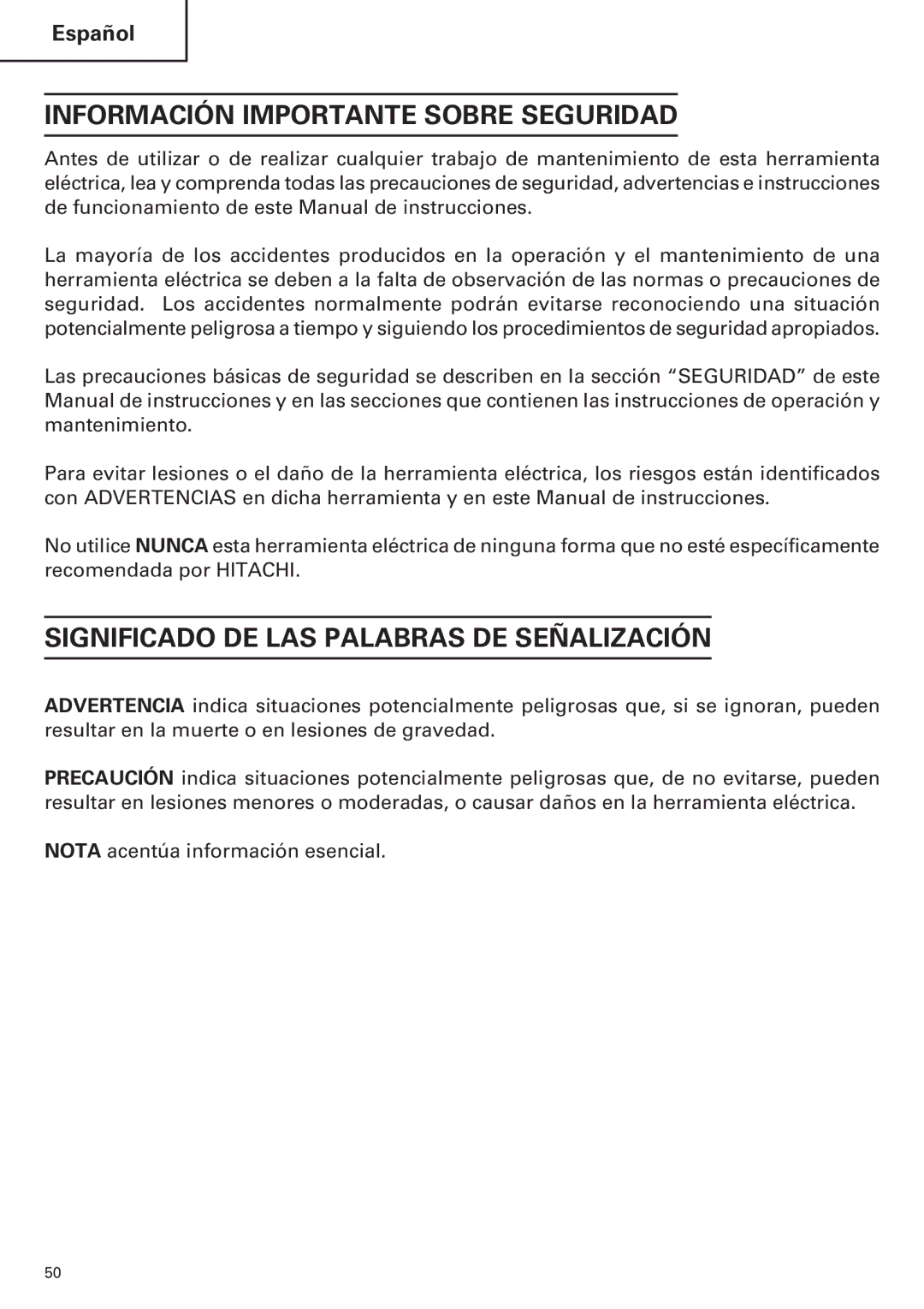 Hitachi WH14DM OM instruction manual Información Importante Sobre Seguridad, Significado DE LAS Palabras DE Señalización 