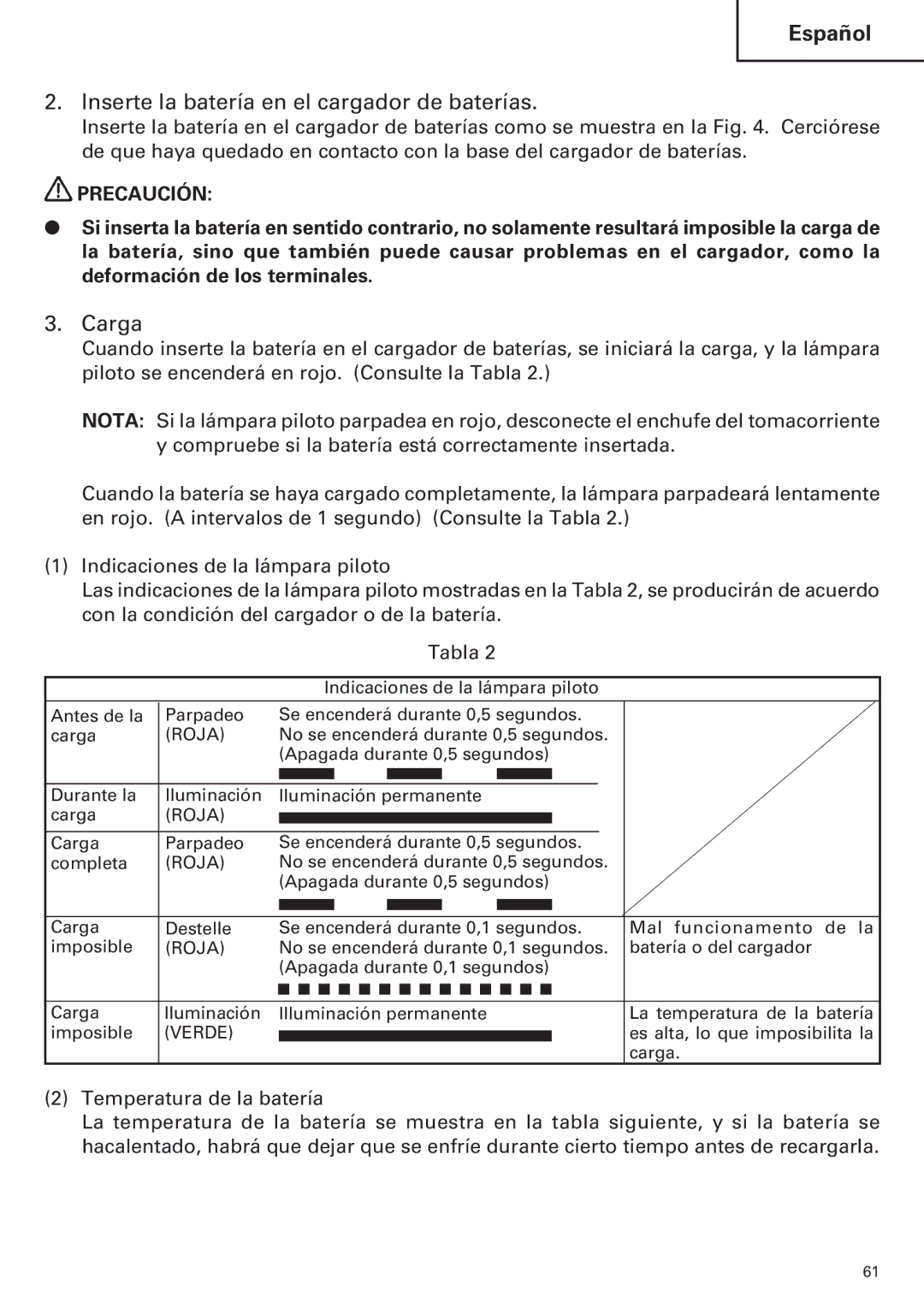 Hitachi WH14DM OM instruction manual Inserte la batería en el cargador de baterías, Carga 