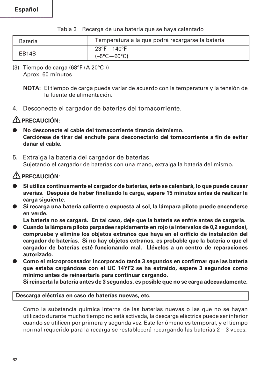 Hitachi WH14DM OM Desconecte el cargador de baterías del tomacorriente, Extraiga la batería del cargador de baterías 