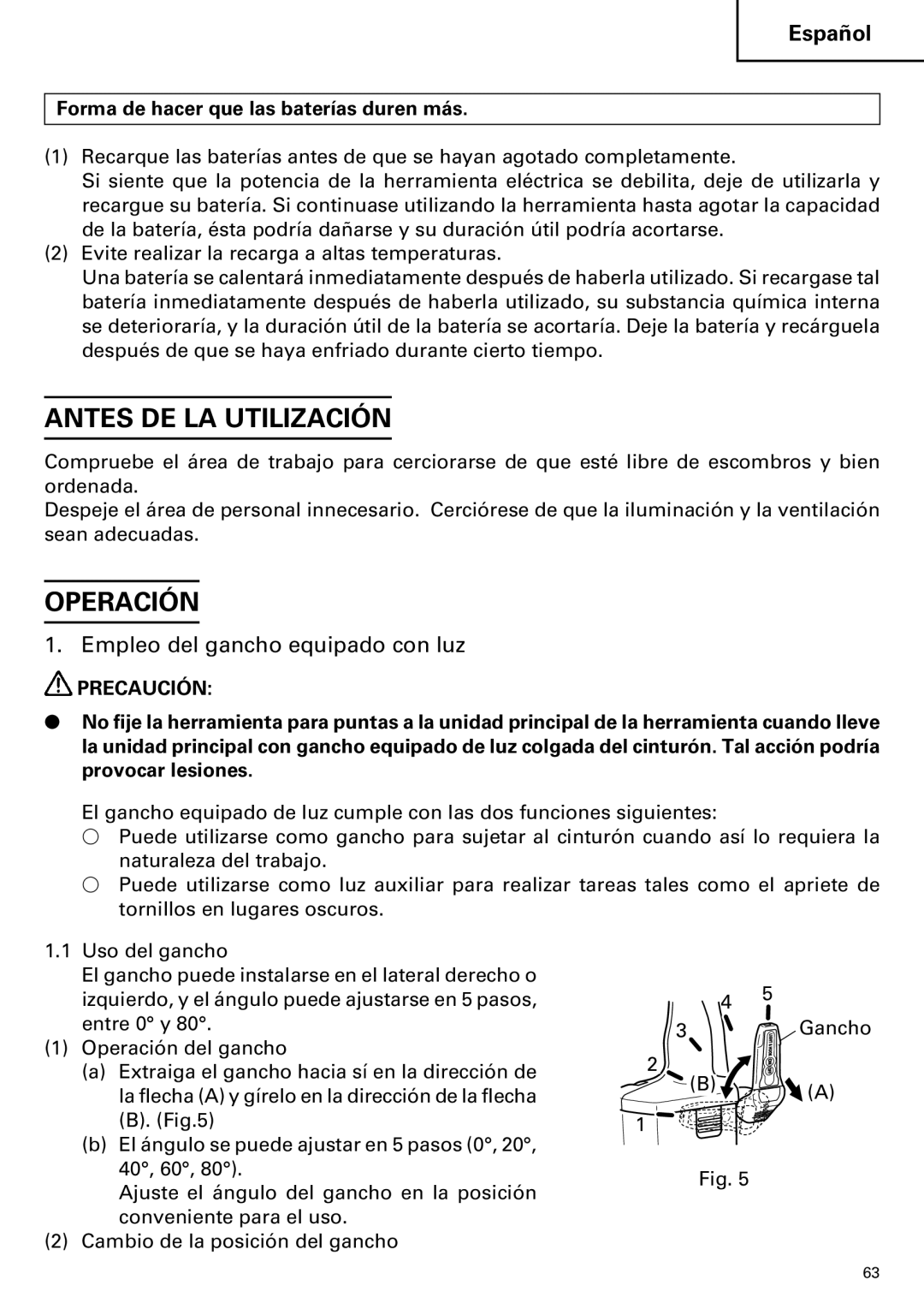 Hitachi WH14DM OM instruction manual Antes DE LA Utilización, Operación, Empleo del gancho equipado con luz 