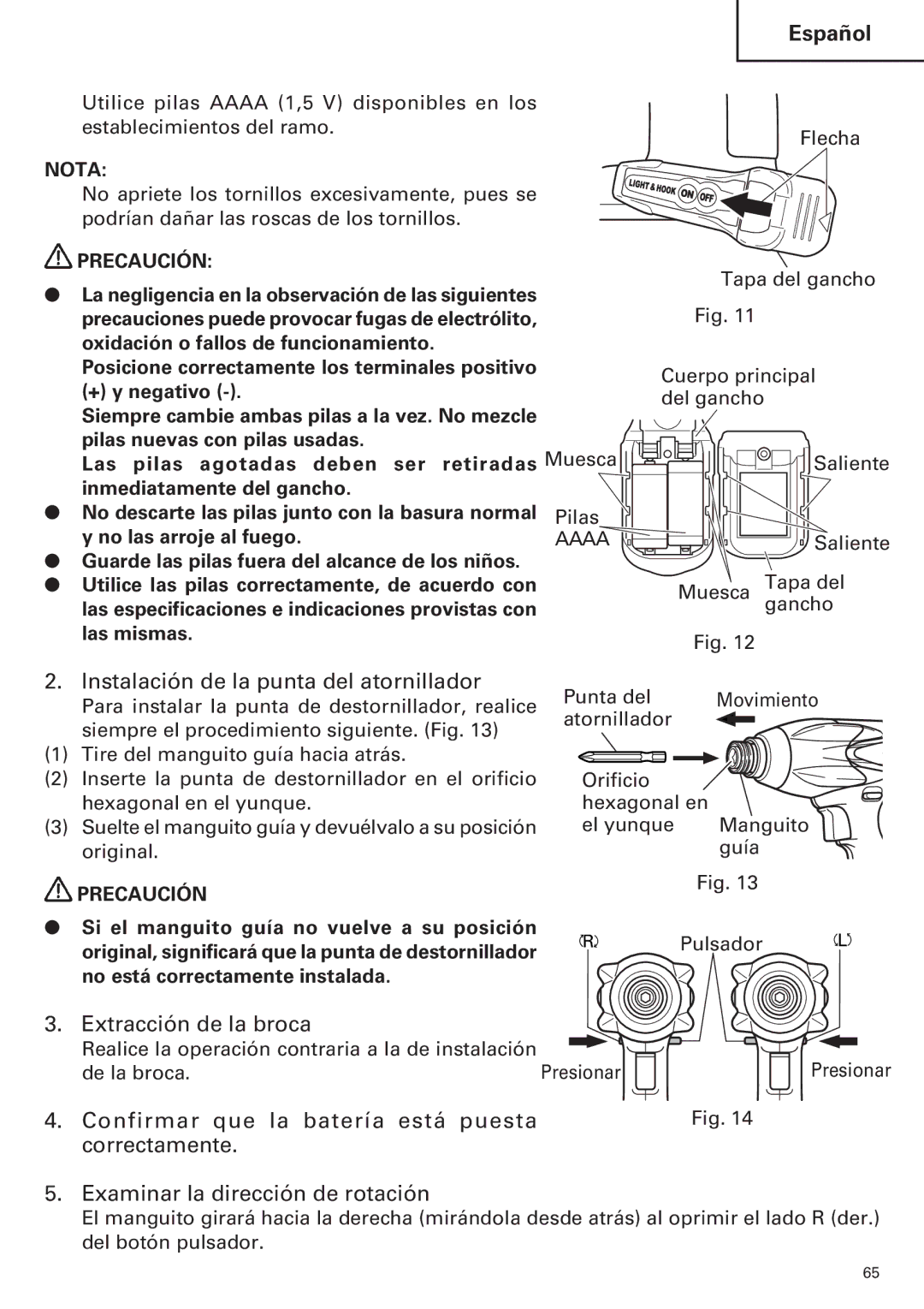 Hitachi WH14DM OM instruction manual Instalación de la punta del atornillador, Extracción de la broca 