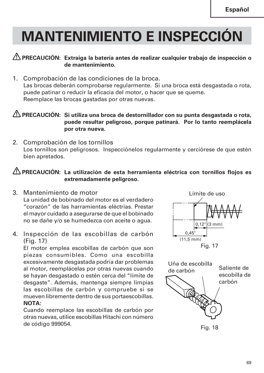 Hitachi WH14DM OM Mantenimiento E Inspección, Comprobación de las condiciones de la broca, Comprobación de los tornillos 