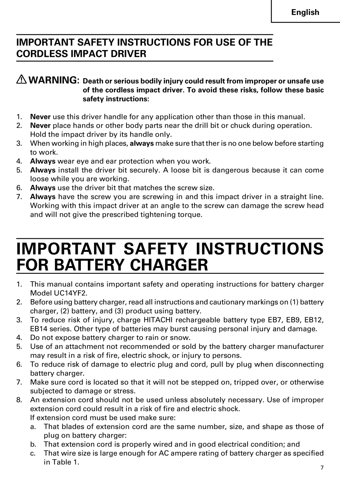 Hitachi WH14DM OM instruction manual Important Safety Instructions for Battery Charger 