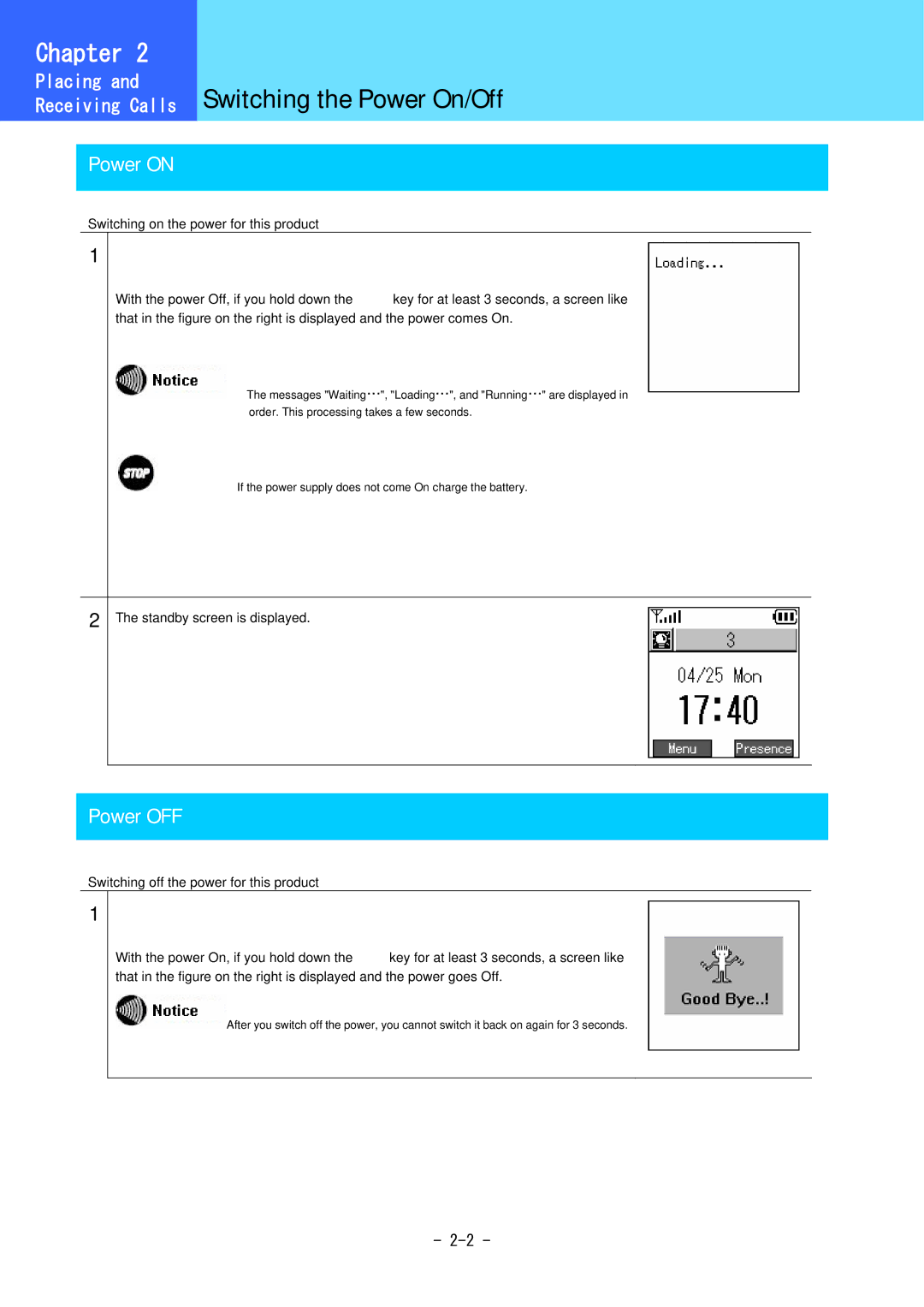 Hitachi WirelessIP 5000 user manual Switching the Power On/Off, Power on, Power OFF 