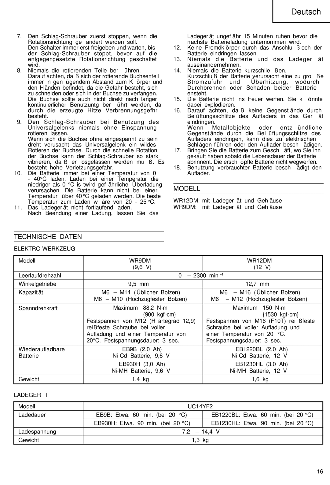 Hitachi WR 12DM, WR 9DM manual Modell, Technische Daten, Elektro-Werkzeug, Ladegerät 