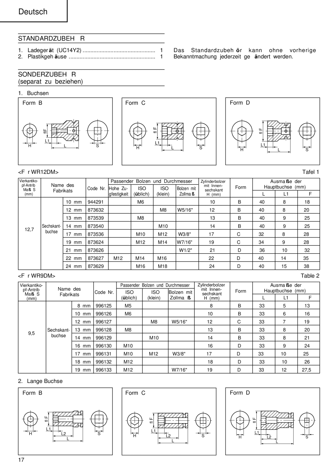 Hitachi WR 9DM, WR 12DM manual Standardzubehör, Buchsen, Für WR12DM Tafel, Für WR9DM, Lange Buchse 