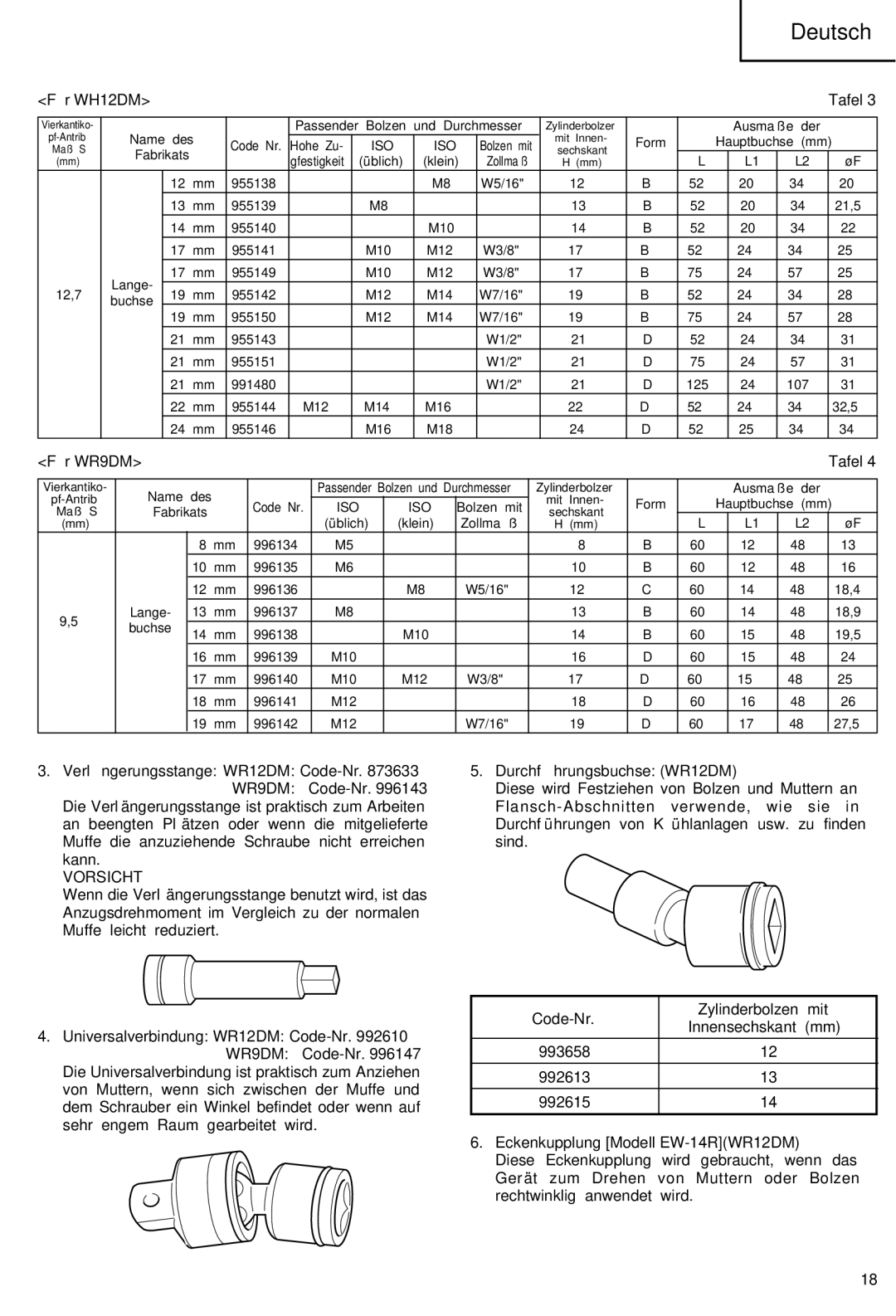 Hitachi WR 12DM, WR 9DM manual Vorsicht 