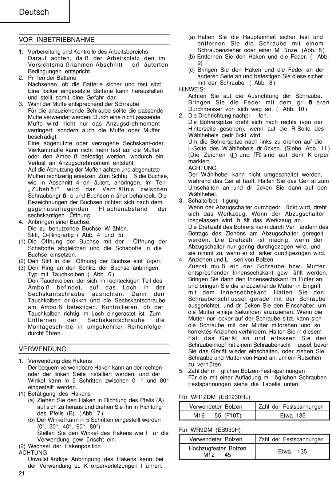 Hitachi WR 9DM, WR 12DM manual VOR Inbetriebnahme, Verwendung 