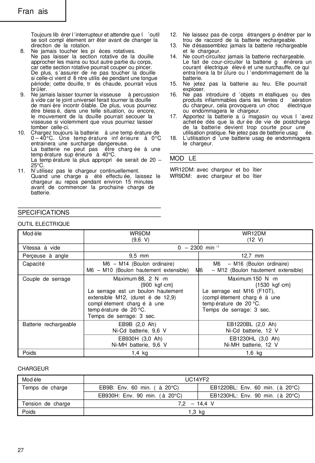 Hitachi WR 9DM, WR 12DM manual Modéle, Outil Electrique, Chargeur 