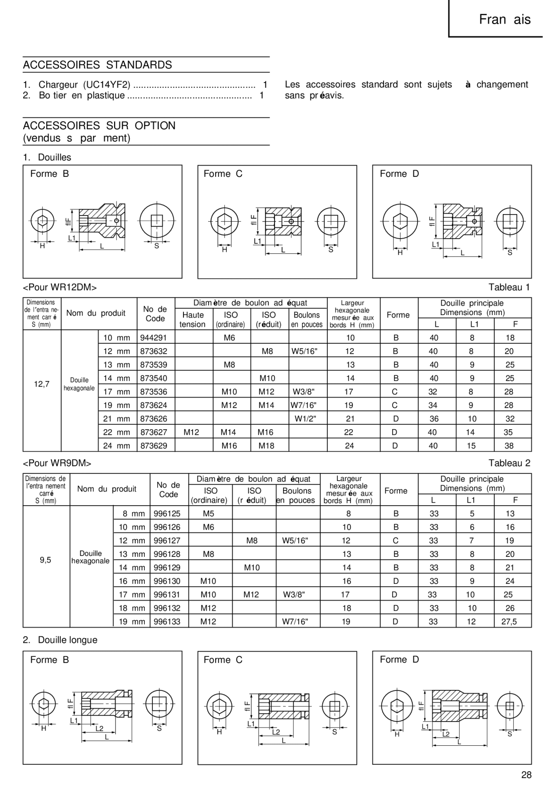 Hitachi WR 12DM, WR 9DM manual Accessoires Standards 