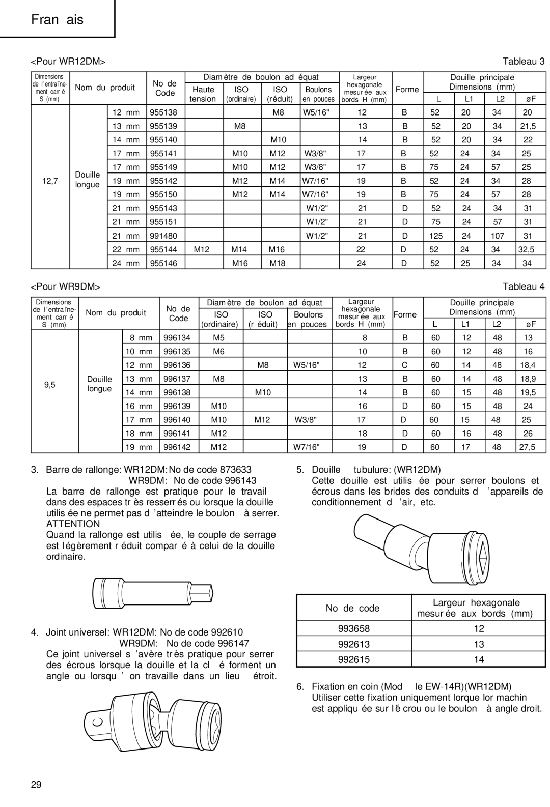 Hitachi WR 9DM Pour WR12DM Tableau, Barre de rallonge WR12DM No de code 873633 WR9DM No de code, Douille à tubulure WR12DM 