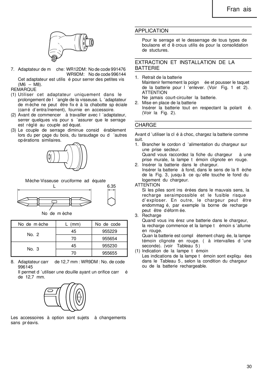 Hitachi WR 12DM Extraction ET Installation DE LA Batterie, Charge, Remarque, Adaptateur carré de 12,7 mm WR9DM No. de code 