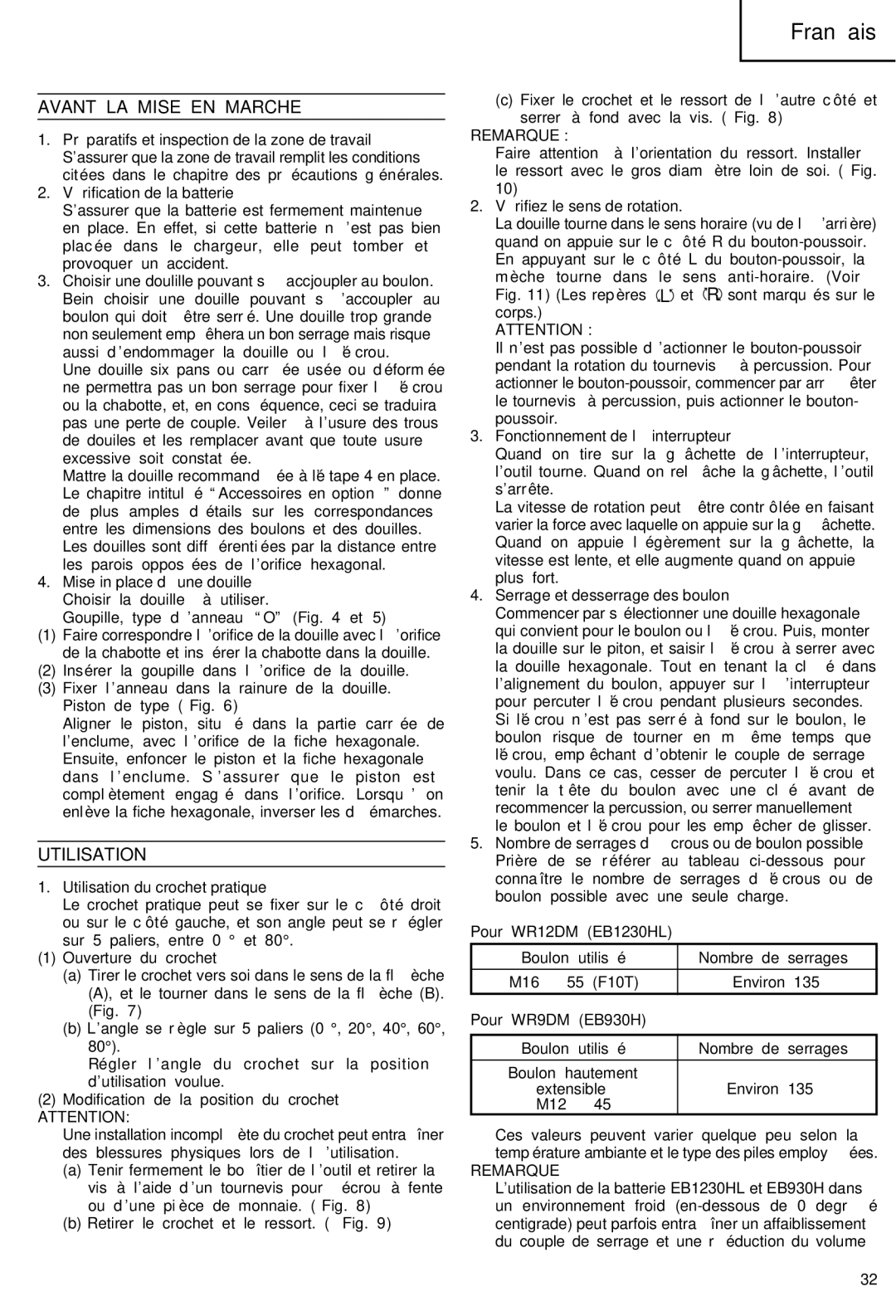 Hitachi WR 12DM, WR 9DM manual Avant LA Mise EN Marche, Utilisation 