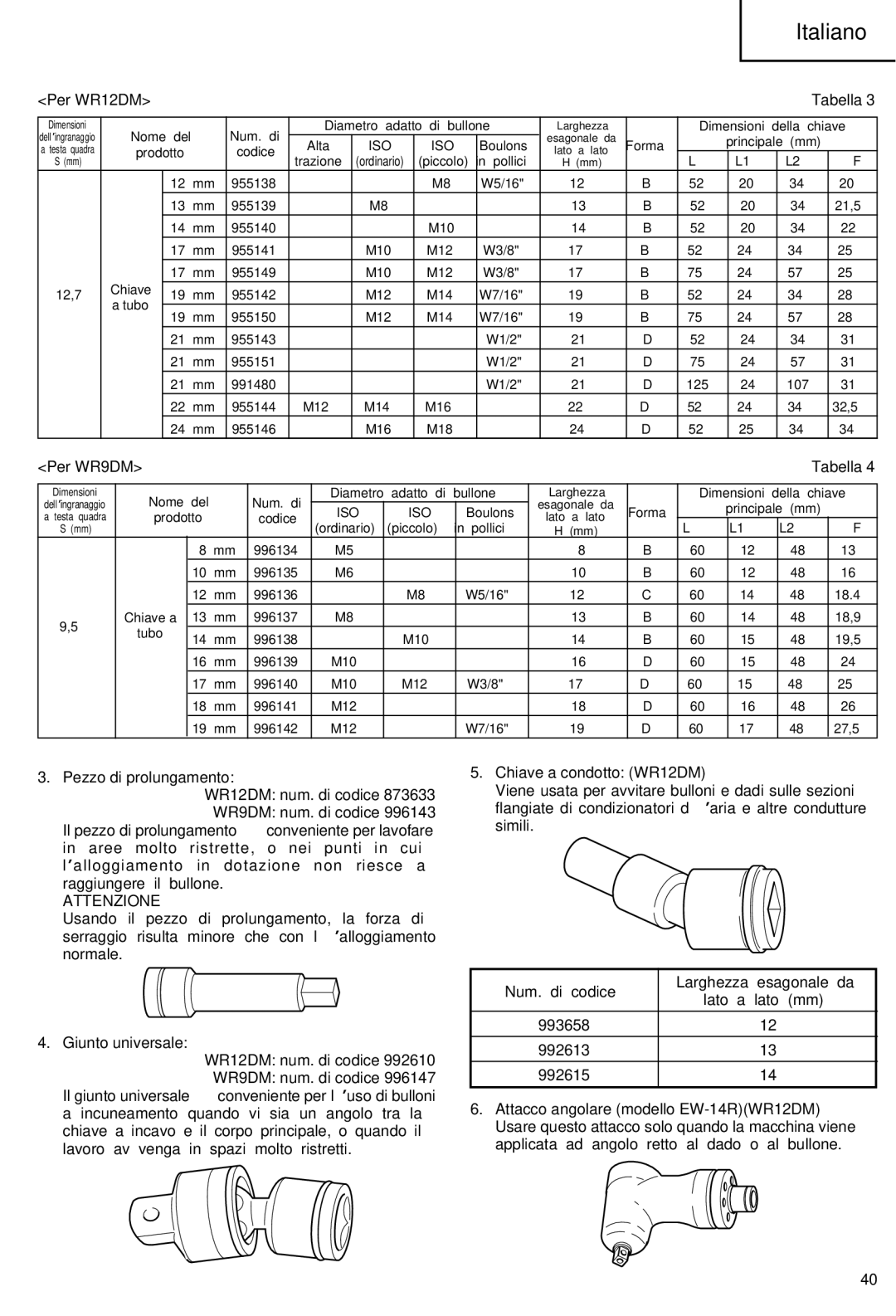 Hitachi WR 12DM, WR 9DM manual Attenzione, Chiave a condotto WR12DM 